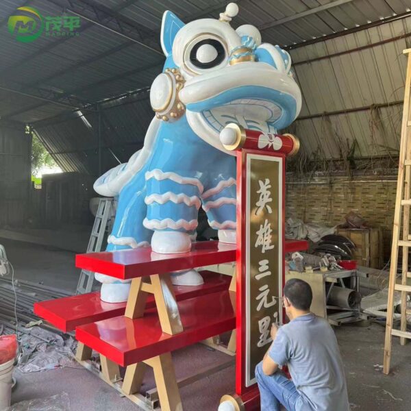 Painted Lion Dance Stainless Steel Sculpture - Image 2