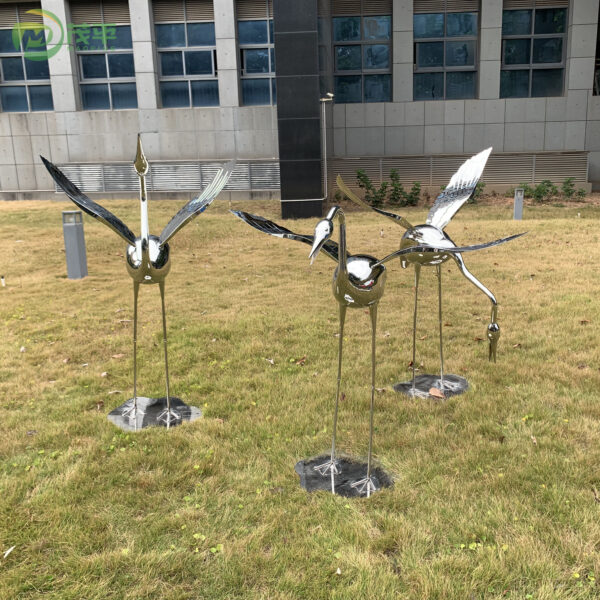 Set Of Three Cranes Stainless Steel Sculptures