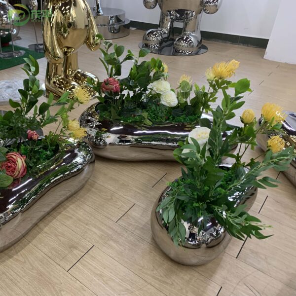 Stone Flower Pot Stainless Steel Sculpture - Image 2